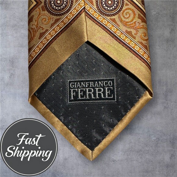 GIANFRANCO FERRE Made in Italy Silk Tie Geometric 100% Silk Necktie Brown/Tan - Picture 4 of 6